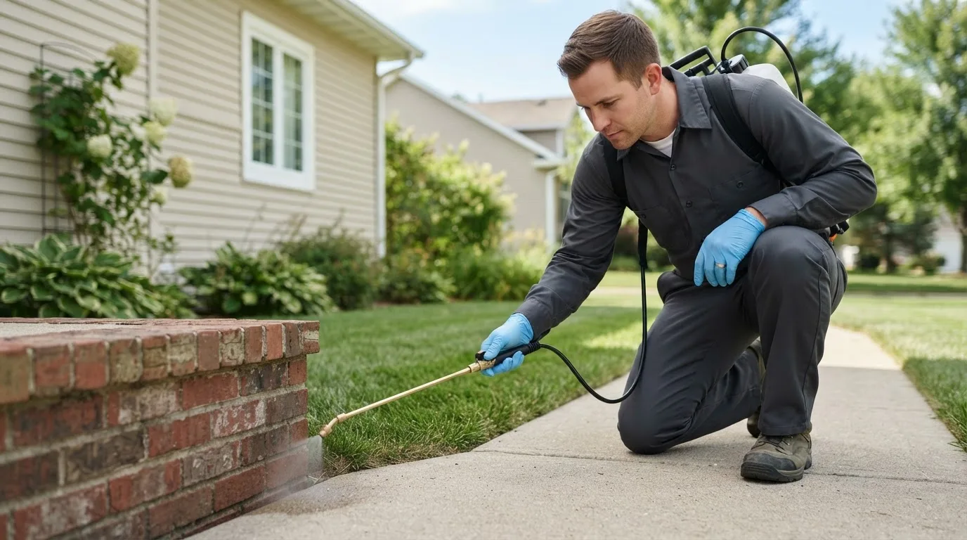 Pest control technician treating a home near Mobeetie, TX