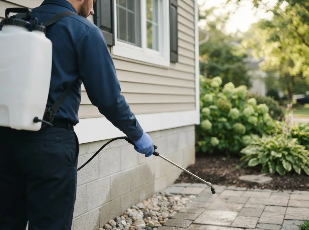Pest control technician inspecting a home in Mobeetie, TX